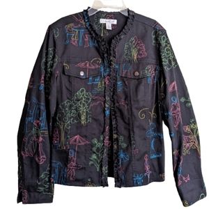 Coldwater Creek Jacket Black Embroidered Size Medium Artsy Colorful